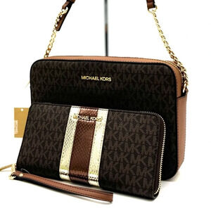 Michael Kors Large EW Zip Chain Xbody Crossbody Bag & Continental Wallet Brown